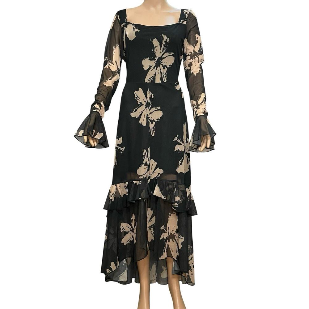 Gothic Floral Maxi Dress Large Bell Sleeve Tiered Ruffle Mesh Witchy High Low